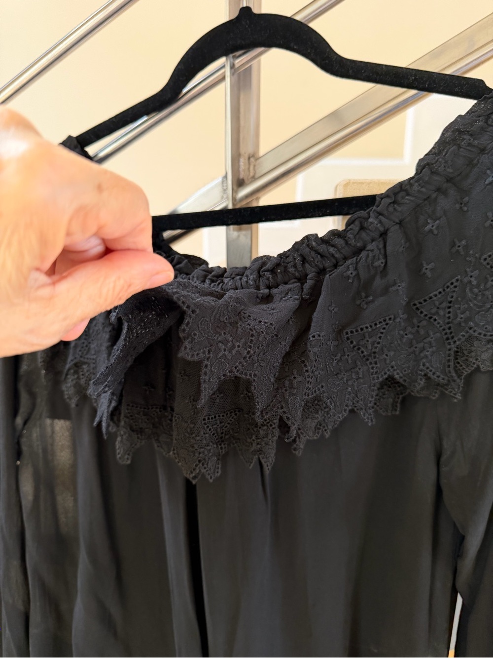 Vintage Ghost Black Off-Shoulder Lace Trim Sheer Blouse - Picture 9 of 12